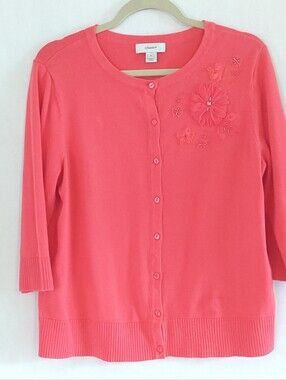 CJ Banks Orange Cardigan Sweater Elbow Sleeve Floral Beaded Embellishment Sze X